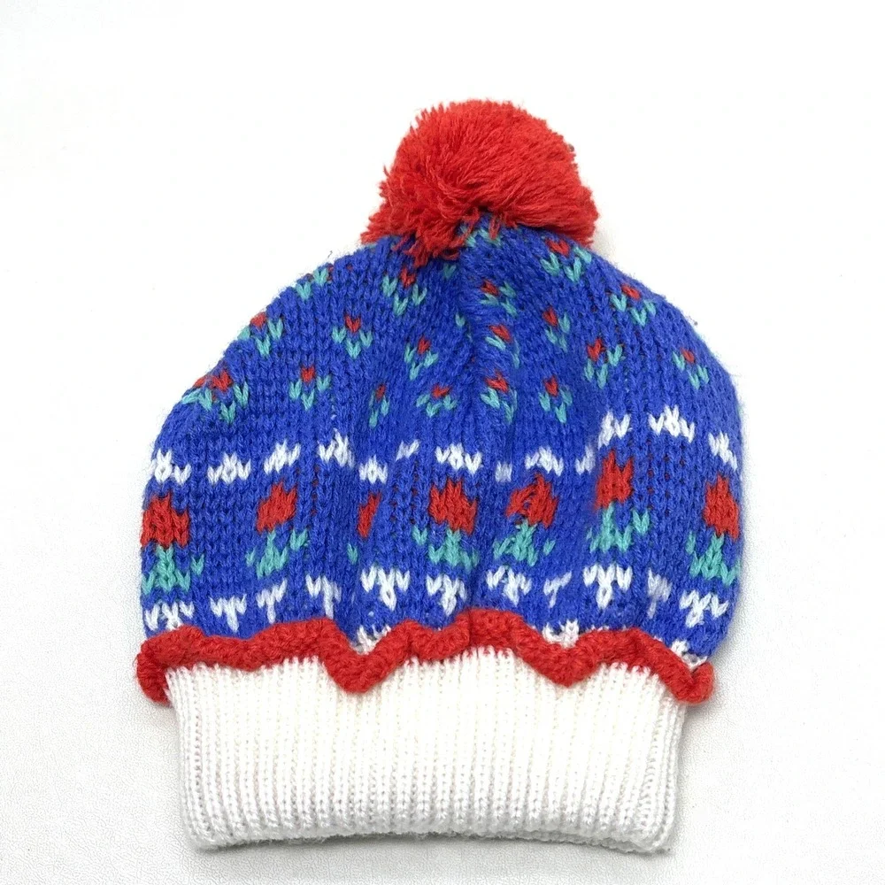 Vintage Toddler Beanie Hat Winter Cap Red Blue Flowers Floral Pom Pom‎ 90s
